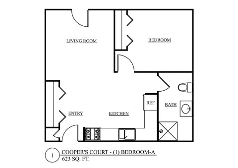 Floor plan for 1 bed, 1 bath, 623 sqft